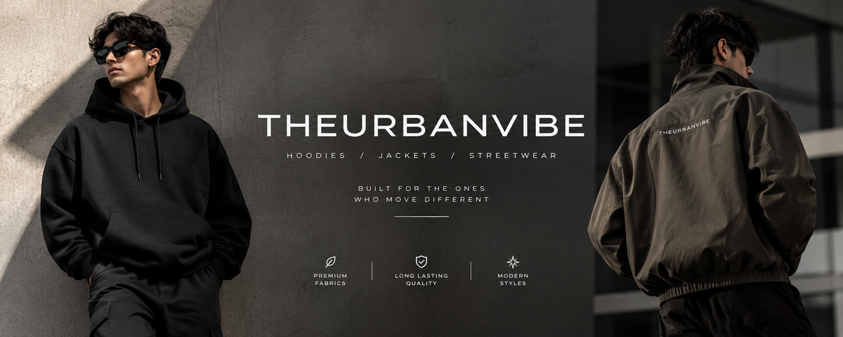 A promotional banner for 'THEURBANVIBE' showcasing streetwear apparel. On the left, a man in black sunglasses wears a black hoodie and black pants, standing against a concrete wall.